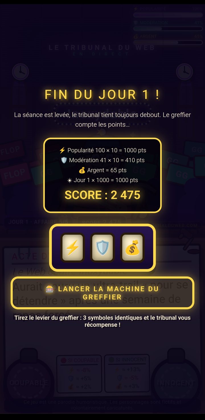 Écran de fin de journée avec la machine du greffier